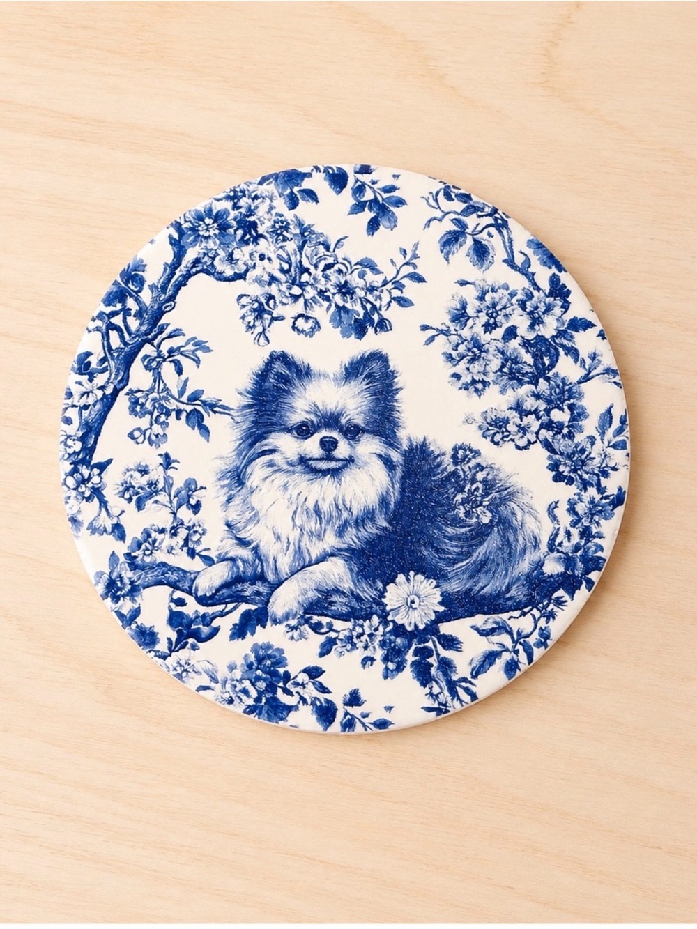 Blue Floral Pomeranian Ceramic Coaster